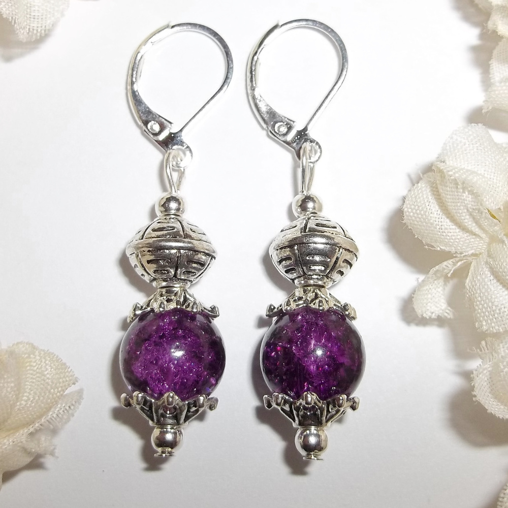 Dark Purple Crackled Glass Earring Set NWT 5091
